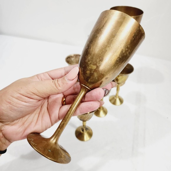 Vintage Mid-Century Modern Brass Standard & Mini Wine Goblets Stem Made in india - Picture 8 of 16